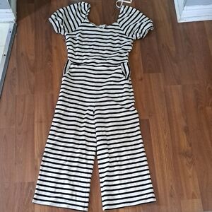 Black & White Striped Short-Sleeve Wide-Leg Jumpsuit